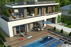 Стильный дом в современном стиле с просторной террасой на втором этаже.