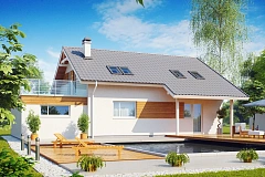 Дом со входом с южной стороны, с большой террасой на втором этаже.