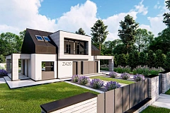 Современный дом с двускатной крышей, мансардными окнами и навесом для гаража