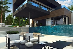 Проект современного двухэтажного дома. Проект подойдет для строительства на участке со склоном.