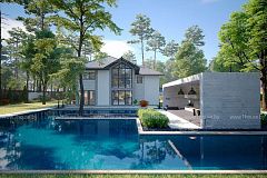 Двухэтажный просторный дом с множеством комнат, гаражом и навесом.