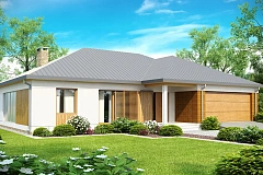 Проект практичного одноэтажного дома с фронтальным выступающим гаражом и крытой террасой.