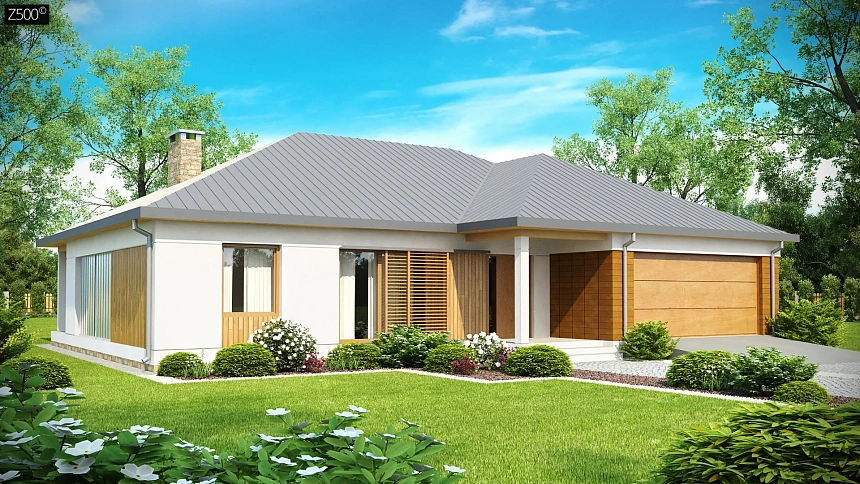 Проект практичного одноэтажного дома с фронтальным выступающим гаражом и крытой террасой.