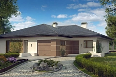 Проект одноэтажного дома с многоскатной крышей и гаражом на одну машину.