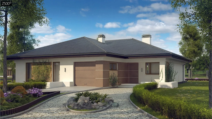 Проект одноэтажного дома с многоскатной крышей и гаражом на одну машину.