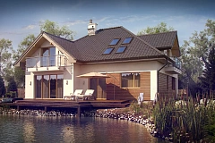 Просторный дом с большими фасадными окнами, с гаражом для двух автомобилей.