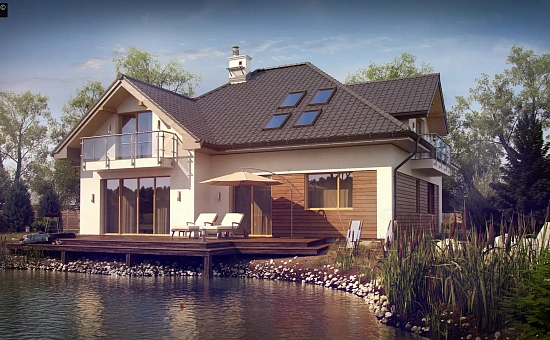 Просторный дом с большими фасадными окнами, с гаражом для двух автомобилей.