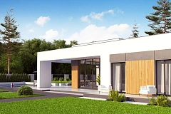 Современный одноэтажный дом с плоской кровлей и гаражом