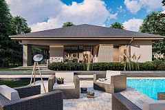 Современный одноэтажный проект дома с многоскатной крышей и гаражом на две машины