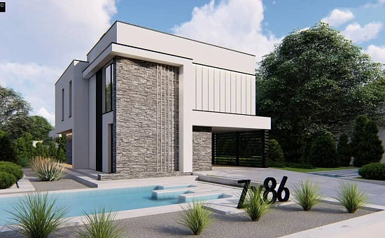 Двухэтажный проект дома для семьи из 4 человек с современным дизайном и навесом для машины