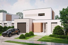 Современный двухэтажный дом с большим остеклением из сада и балконом на втором этаже.