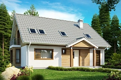 Дом с мансардой, с эркером и балконом, со стильным оформлением фасадов.