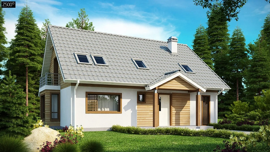 Дом с мансардой, с эркером и балконом, со стильным оформлением фасадов.