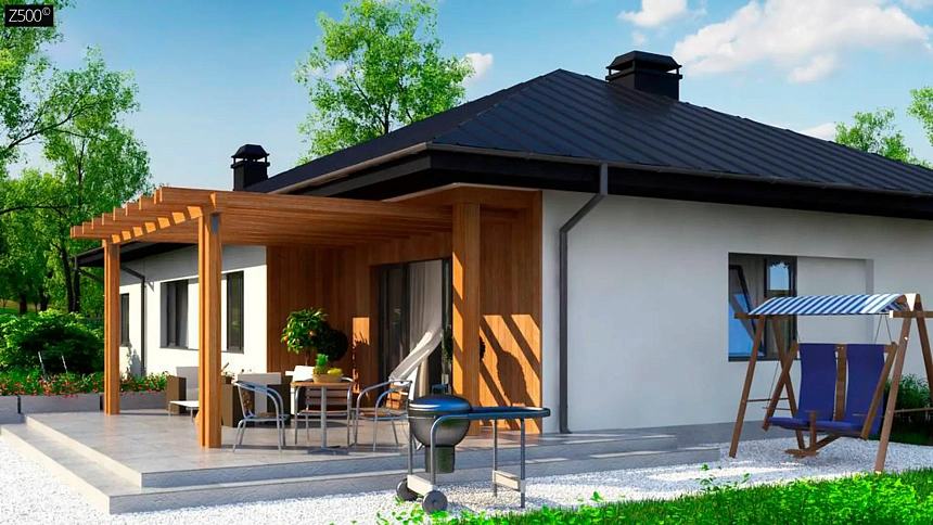 Вариант одноэтажного дома Z176 с гаражом справа на одну машину.