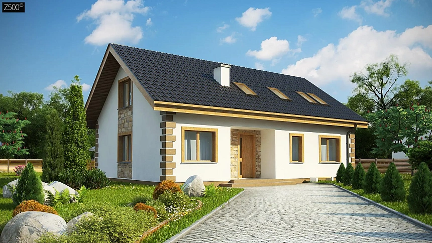 Классический мансардный дом с двускатной кровлей и 5 комнатами.