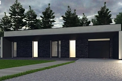 Современный одноэтажный дом с плоской крышей и гаражом на один автомобиль.