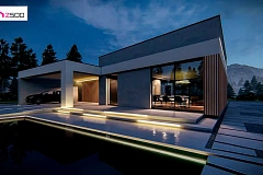 Современный одноэтажный дом с навесом для автомобиля