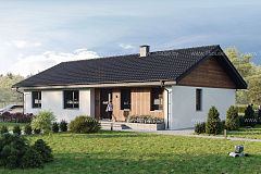 Одноэтажный дом с 4мя комнатами и гостиной в центре.