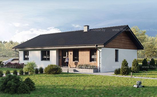 Одноэтажный дом с 4мя комнатами и гостиной в центре.