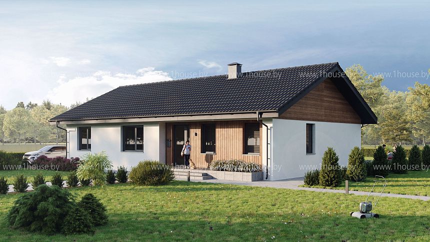 Одноэтажный дом с 4мя комнатами и гостиной в центре.