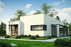 Одноэтажный дом с панорамными окнами и плоской кровлей