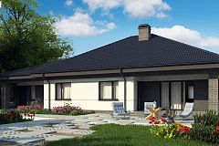 Проект одноэтажного дома с четырехскатной кровлей и гаражом на два автомобиля.