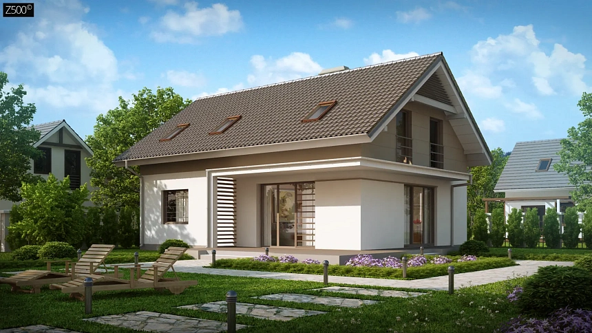 Проект простого и аккуратного дома с дополнительной ночной зоной на первом этаже.