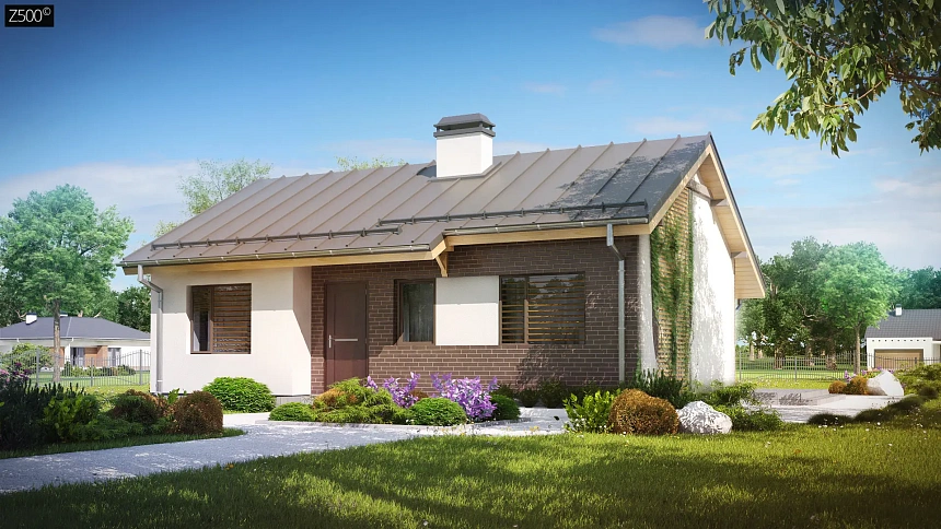 Простой и недорогой в строительстве одноэтажный дом небольшой площади.