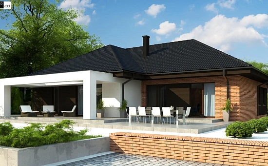 Одноэтажный коттедж со сложной кровлей и большой комфортной террасой