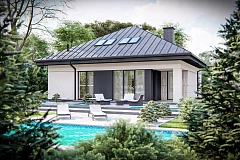 Дом с мансардой, 4-х скатной кровлей и гаражом на одну машину.