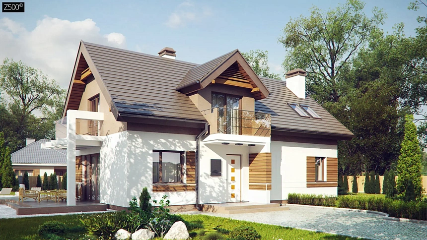 Проект функционального уютного дома с мансардными окнами и оригинальной отделкой&nbsp;&nbsp;фасадов.