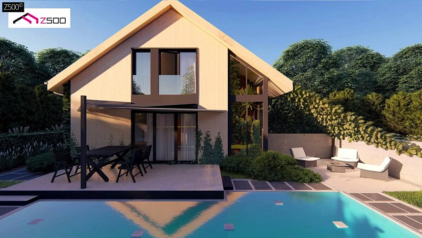 Проект просторного мансардного дома с панорамным остеклением.