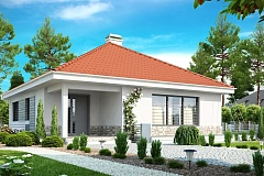 Проект компактного и функционального одноэтажного дома с фронтальным расположением дневной зоны.