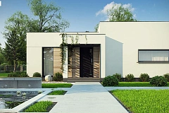 Одноэтажный дом с панорамными окнами и плоской кровлей