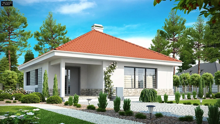 Проект компактного и функционального одноэтажного дома с фронтальным расположением дневной зоны.