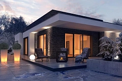 Проект современного одноэтажного дома с интересной планировкой и гаражом для одной машины.