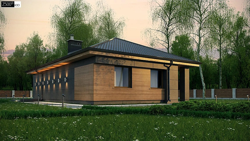 Одноэтажный дом с четырехскатной кровлей и оригинальным экстерьером.