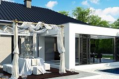 Компактный одноэтажный коттедж с гаражом для одной машины