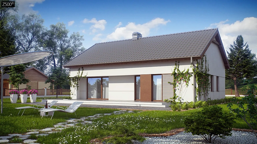 Компактный одноэтажный дом простой формы с возможностью обустройства чердачного помещения.