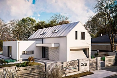 Дом с мансардой, двускатной крышей, гараж на две машины