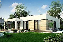 Одноэтажный дом с панорамными окнами и плоской кровлей