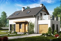 Практичный и уютный дом с оригинальным оформлением фасадов, идеальный для неглубокого участка.