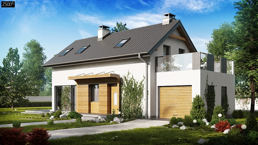 Практичный и уютный дом с оригинальным оформлением фасадов, идеальный для неглубокого участка.