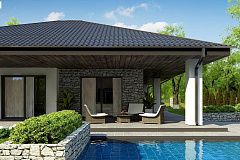 Одноэтажный дом с каменной облицовкой фасадов