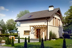 Проект дома с мансардой, с высокой аттиковой стеной, с дополнительной комнатой на первом этаже.