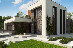 Проект двухэтажного дома в современном стиле с гаражом для двух машин и просторной террасой&nbsp;&nbsp;над ним.