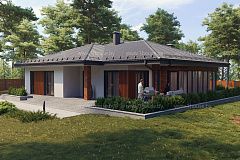 Одноэтажный дом с витражным остеклением.