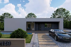 Одноэтажный современный дом с плоской крышей и белым фасадом