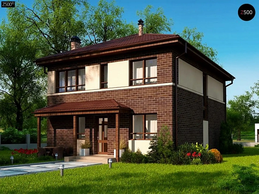 Проект элегантного дома с четырехскатной кровлей.