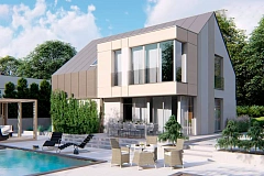 Cовременный проект дома с двускатной крышей и просторными большими мансардными окнами